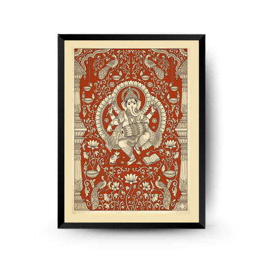 Vintage Kalamkari Ganesha Framed Wall Art