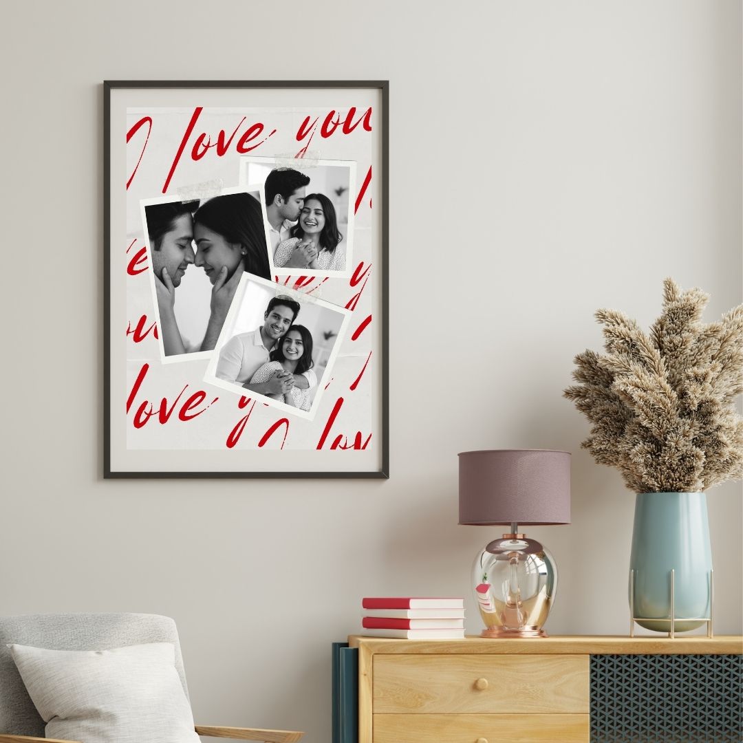 Framed photo collage with 'I love you' text on a wall above a wooden cabinet.